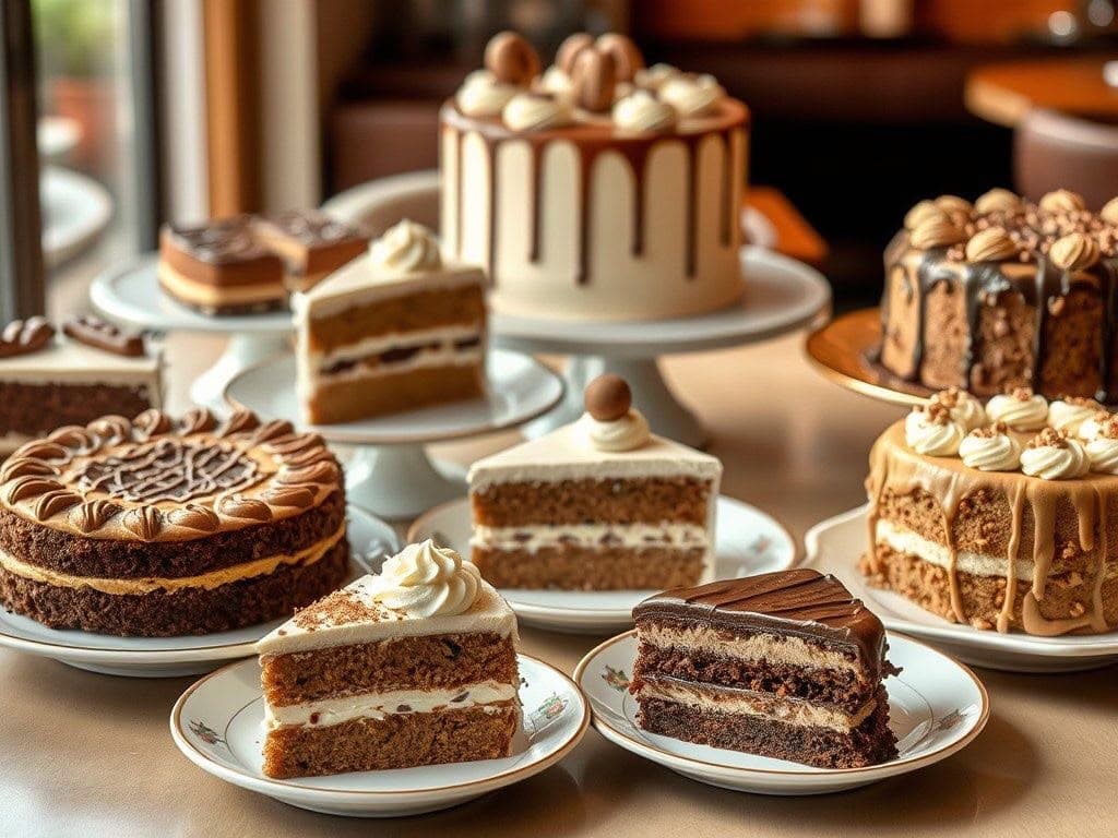 Sliced celebration cakes showing chocolate and caramel layers