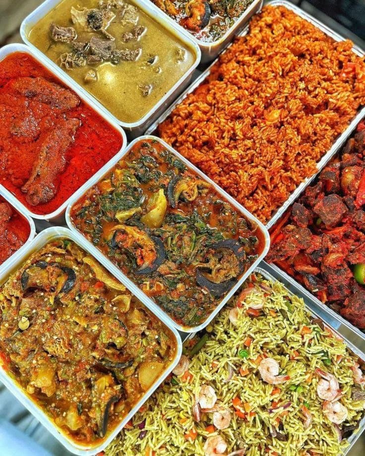 Containers of banga stew, efo riro and shrimp fried rice