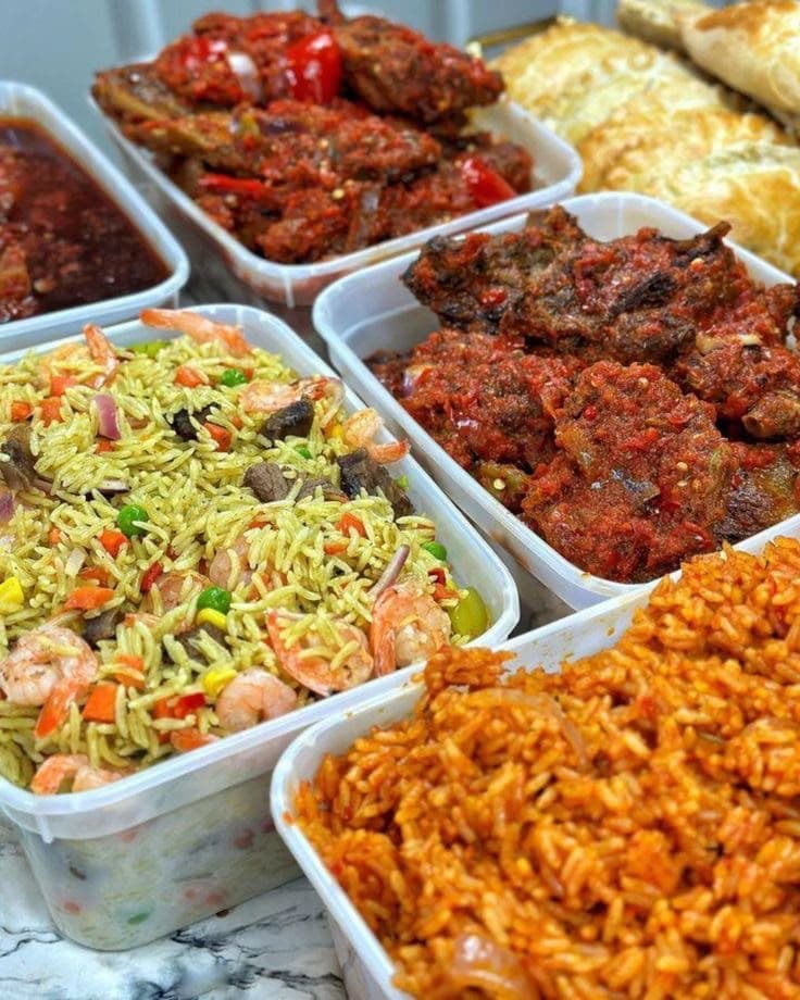 Containers of peppered stew, jollof rice and pastries