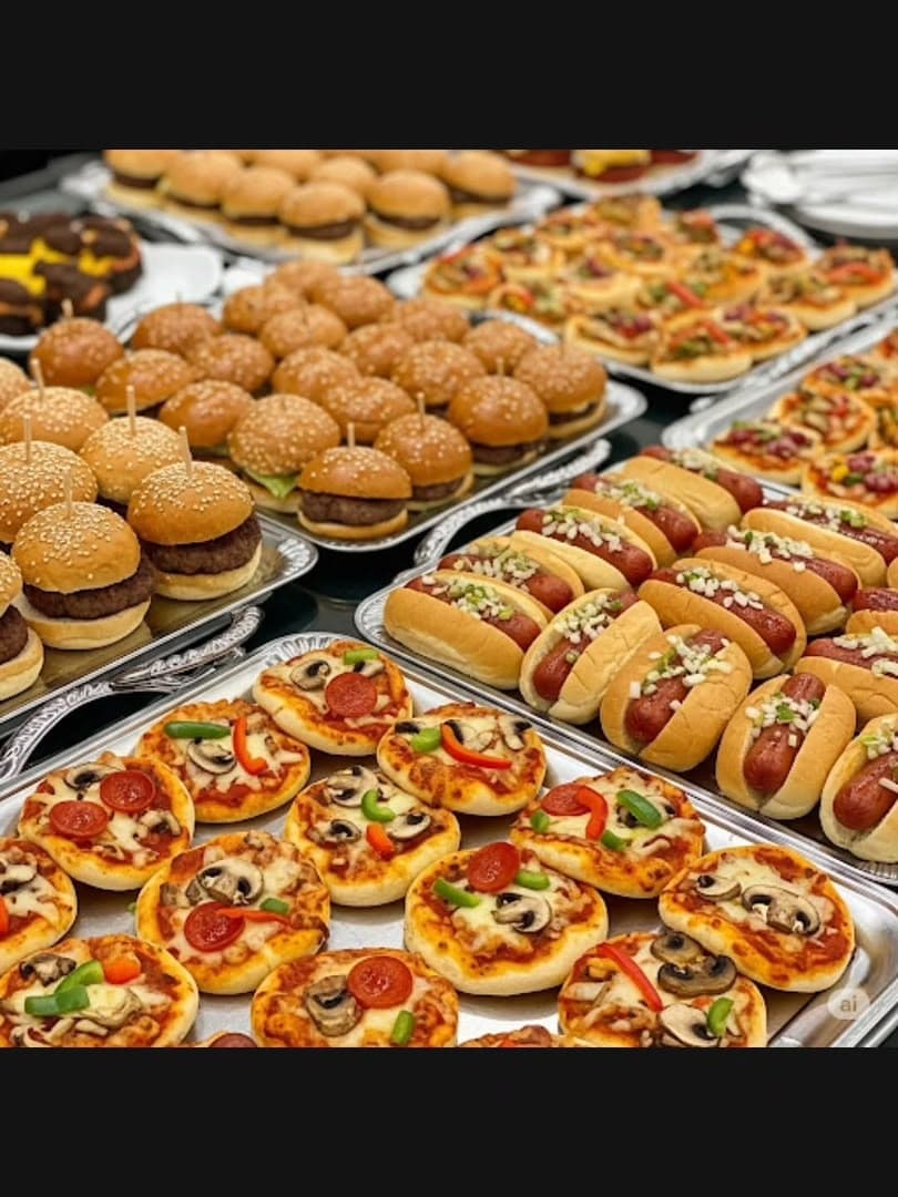 Trays of mini burgers, mini pizzas and hot dogs for a party